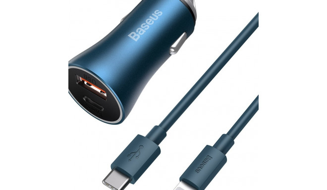 Baseus Golden Contactor Pro car charger, USB + USB-C, QC4.0+, PD, SCP, 40W (blue) + USB-C - Lightnin