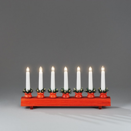 Küünlajalg 7 küünalt+kuuserosetid  40xH-18cm,230V,170cm juhe/ punane värvitud puit