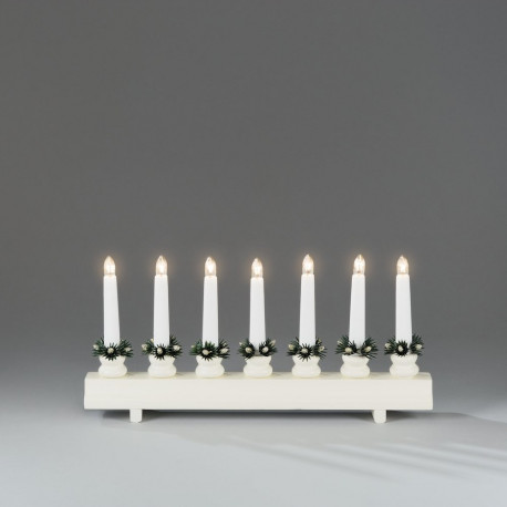 Küünlajalg 7 küünalt+kuuserosetid  40xH-18cm,230V,170cm juhe/ valge värvitud puit