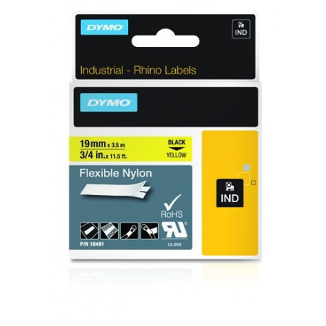 Kleepkirjalint Dymo 19mm, must/kollane RHINO Tape 18491(18757) Yellow, flexible nylon label 3,5m