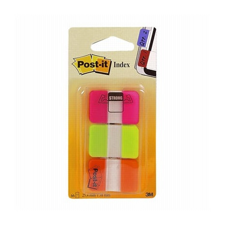 Järjehoidja Post-IT indeks tugev, PP, 25x38mm, 3 neoonvärvi x 22tk