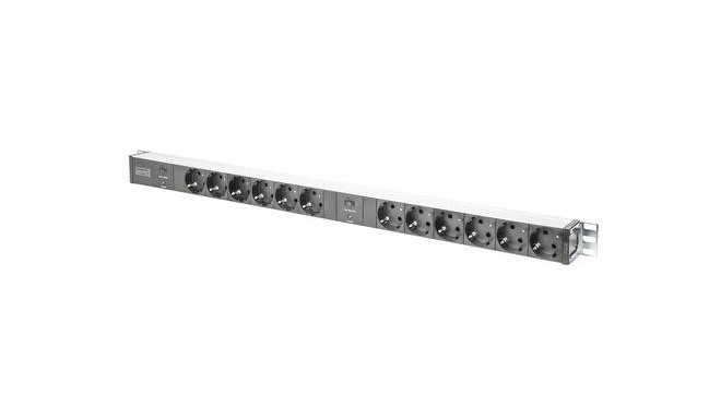 Digitus aluminum outlet strip with overload protection, 12 safety outlets, 2 x 2 m supply safety plu