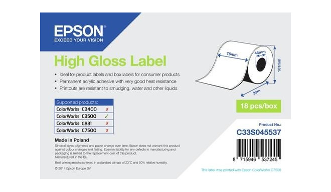 Epson High Gloss Label - Continuous Roll: 76mm x 33m