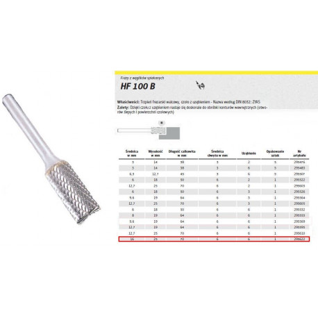 K. SINGLED CARBON CUTTER HF 100 B/16mm/622 CYLINDER FI=16.0x25mm, shank 6mm, ZYAS TYPE