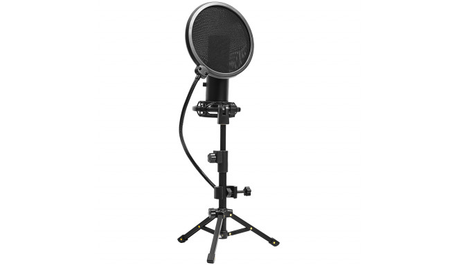 LORGAR Voicer 721, Gaming Microphone, Black, USB condenser microphone with tripod stand, pop filter,