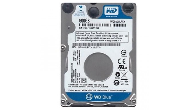 HDD|WESTERN DIGITAL|Blue|500GB|SATA 3.0|16 MB|5400 rpm|2,5"|Thickness 7mm|WD5000LPCX