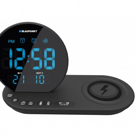 CR85BK FM PLL Clock Radio with Wireless Charging, USB Port, Alarm, and Indoor/Outdoor Temper