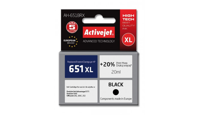 Activejet AH-651BRX tindikassett (asendus HP 651 C2P10AE; premium; 20 ml; must)
