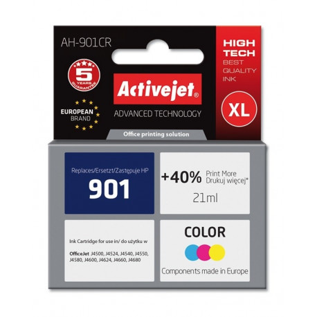 Activejet AH-901CR tindikassett (asendus HP 901 CC656AE; premium; 21 ml; värviline)