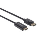 Manhattan DisplayPort 1.2 to HDMI Cable, 4K@60Hz, 1.8m, Male to Male, DP With Latch, Black, Not Bi-D