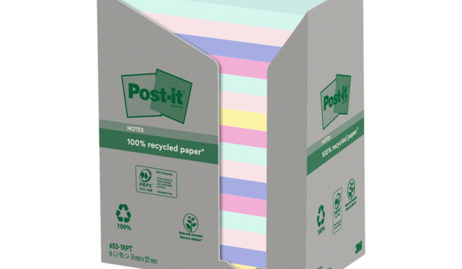 Märkmepaber 76x127mm POST-IT Recycled 655RP pastelsed värvid 16x100 lehte EOL