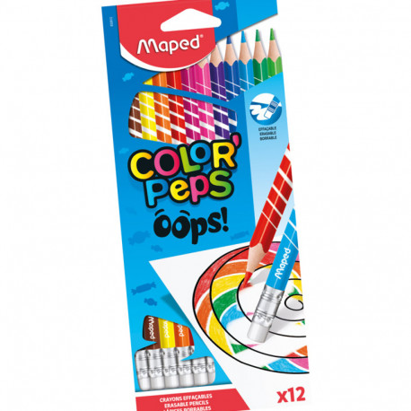 Värvipliiats puiduvaba ColorPeps Oops! 12 värvi, kummiga, Maped