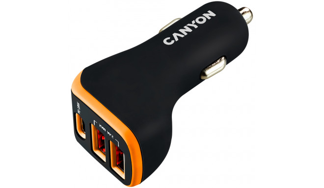 CANYON car charger C-08 PD 18W USB-C 2USB-A Black Orange