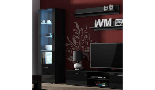 SOHO 1 mööblikomplekt (RTV180 kapp + S1 kapp + riiulid) must/must läikiv