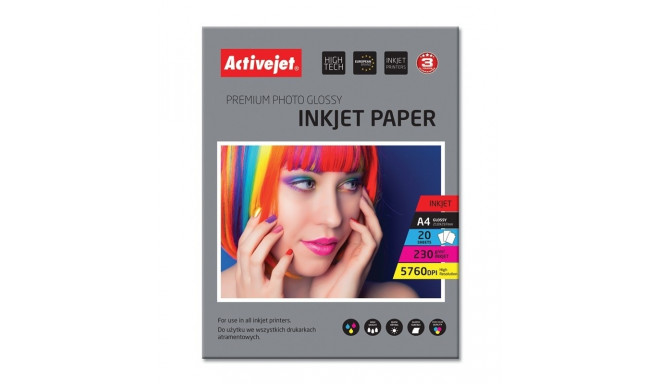 Activejet AP4-230G20 glossy photo paper for ink printers; A4; 20 pcs