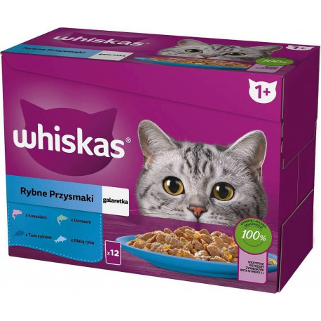 WHISKAS želeekotid, maitsed: valge kala, tursk, lõhe, tuunikala – märg kassitoit – 12x85g