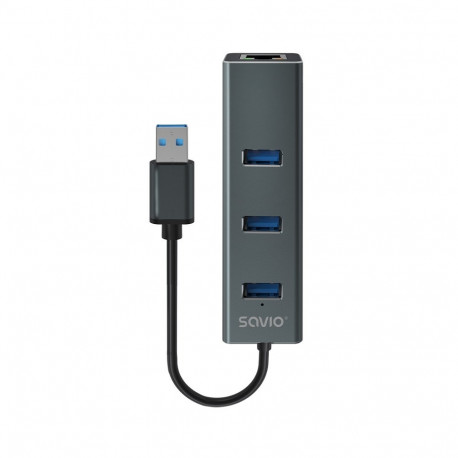 Savio AK-57 USB-A - 3 x USB-A jaotur RJ-45 gigabit etherneti adapter 5000 Mbit/s hall USB 3.2 Gen 1 