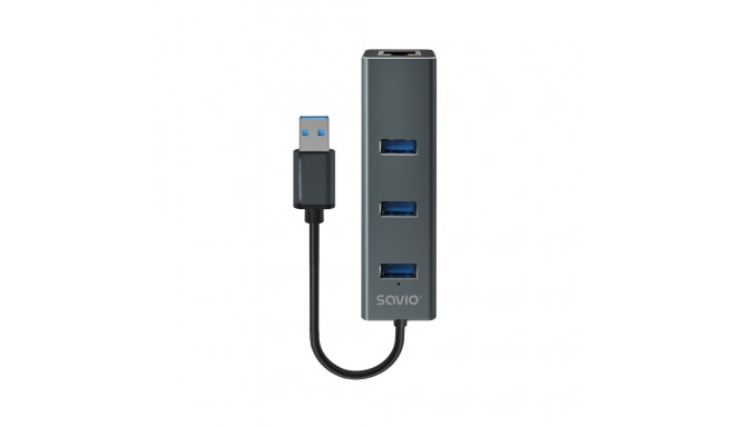 Savio AK-57 USB-A - 3 x USB-A jaotur RJ-45 gigabit etherneti adapter 5000 Mbit/s hall USB 3.2 Gen 1 