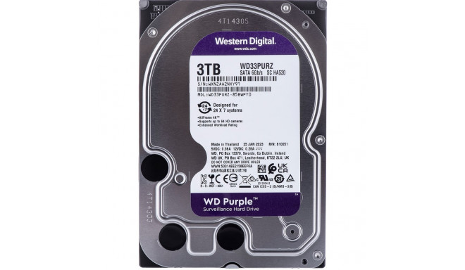 Western Digital Blue Purple sisemine kõvaketas 3 TB 5400 RPM 64 MB 3.5" Serial ATA III