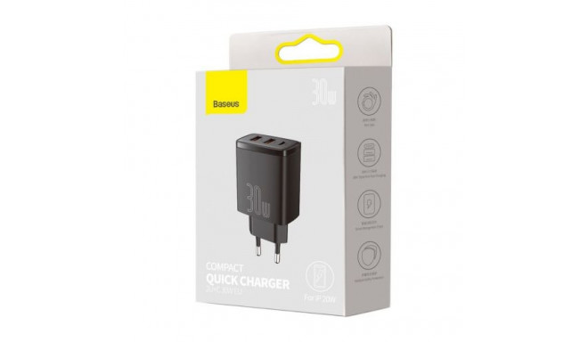 Baseus Travel Charger Compact Quick Charger U+U+C PD3.0, QC 3.0 30W EU Black (CCXJ-E01)
