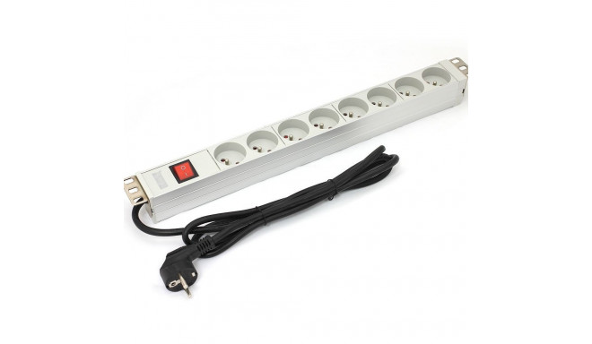 19" 1U Rackmount PDU, 8 x Type E Outlets, Schuko Plug, 1.8m Cable, Aluminum Housing with Swi