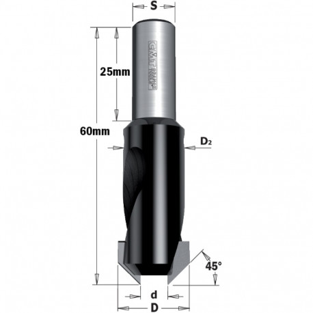 45° verseng puurile HM Z2 S=10x25 D=6/16 LH