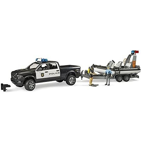 Bruder RAM 2500 police pickup, L+S module, trailer with boat, model vehicle (black/white, including