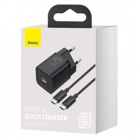 Baseus Travel Charger set Super Si 1C QC (With Mini Black Cable Type-C to Type-C 3A 1m) 25W EU Black