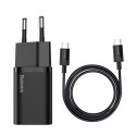 Baseus Travel Charger set Super Si 1C QC (With Mini Black Cable Type-C to Type-C 3A 1m) 25W EU Black