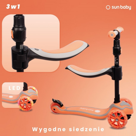 Flash 3in1 tasakaaluratas, tõukeratas ja rula LED-ratastega, virsikuvärvi