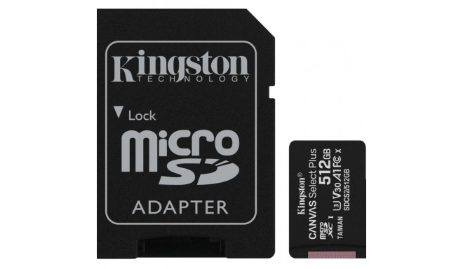 Kingston Technology 512GB micSDXC Canvas Select Plus 100R A1 C10 kaart + ADP