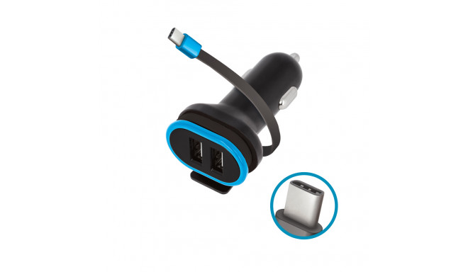 Forever CC-02 car charger 2x USB 3A black with USB-C cable 0,2 m