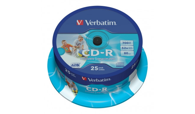 VERBATIM tindiprinditav CD-R 80 min / 700 MB 52x 25 tk rullis DataLife Plus, valge fotosurface.