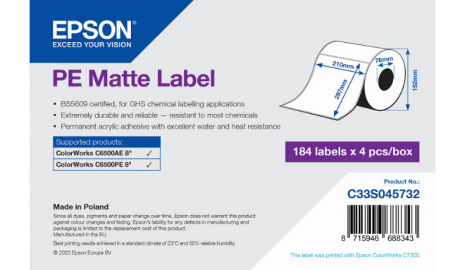 Kleebised Epson PE Matte Label - Die-Cut Roll: 210mm x 297mm, 184 labels