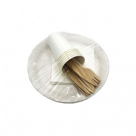 pabertaldrikute ja puidust tööriistade komplekt 6 valge