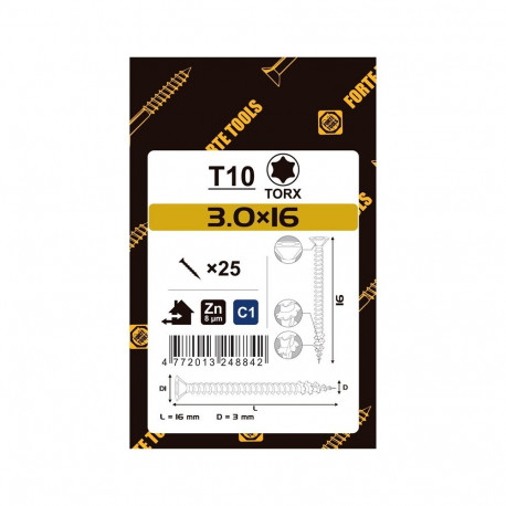 CHIPBOARD SCR T10 3.0X16 WHITE ZN25PCS
