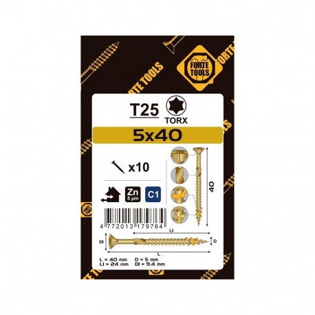 CHIPBOARD SCR T25 5.0X40/24 YELL ZN10PCS