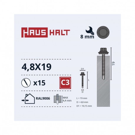 SELF SCR 4,8X19 MET+EPDM RAL9006 15PCS