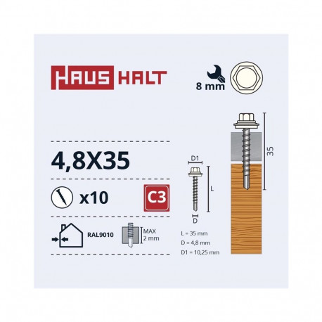 SELF SCR 4,8X35 WOOD+EPMD RAL9010 10PCS