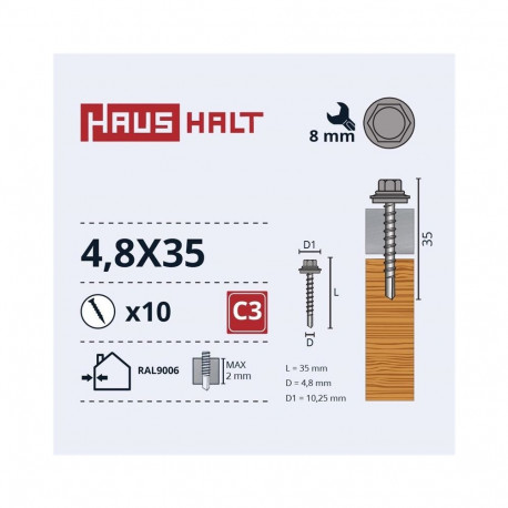 SELF SCR 4,8X35 puidule+EPMD RAL9006 10 tk
