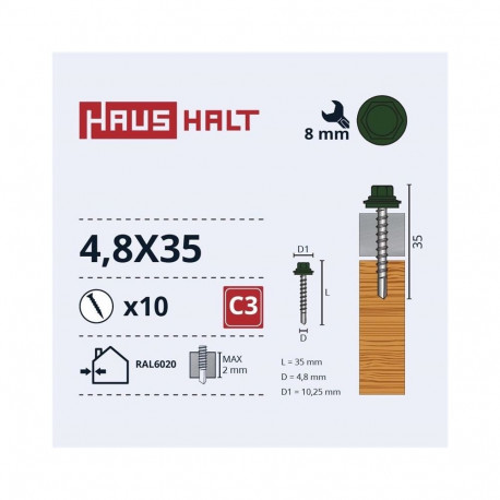 SELF SCR 4,8X35 WOOD+EPMD RAL6020 10PCS