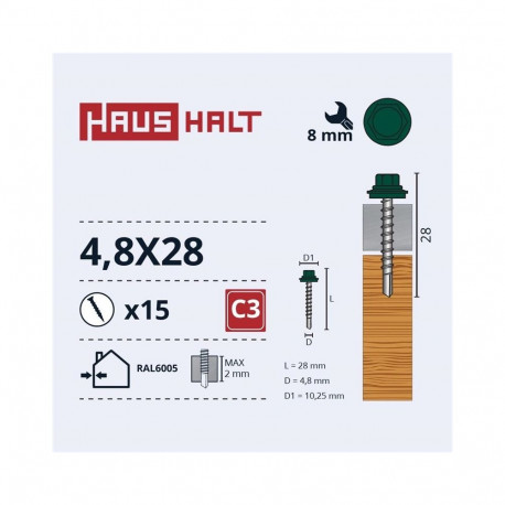 SELF SCR 4,8X28 WOOD+EPMD RAL6005 15PCS
