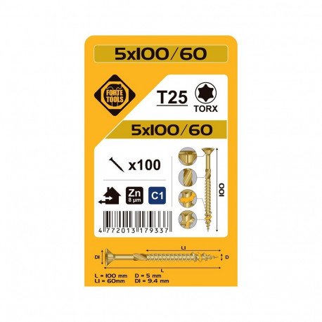 laudiskruvi T25 5.0x100/60 kollane tsink (100)