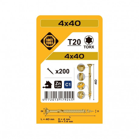 CHIPBOARD SCR T20 4.0X40 YELL ZN(200)