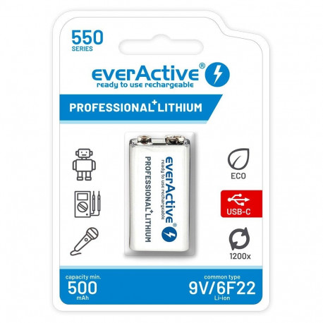 taaslaetav aku everActive 6F22/9V Li-ion 550 mAh USB TYPE C-ga