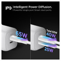 Toalaadija adapter PowerArc 65W Dual, 2x USB-C juhtmele, valge, PD 3.0 GaN kiirlaadimine, PE2106EU, 