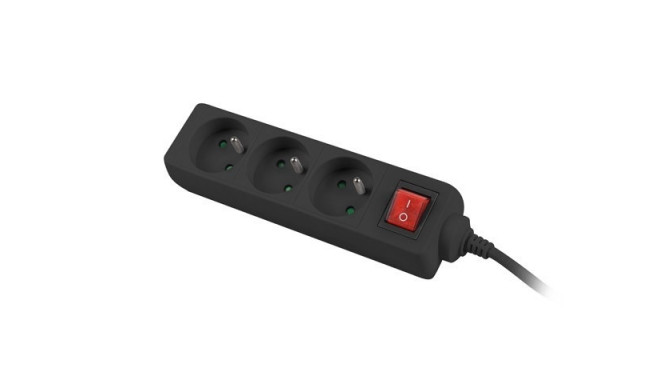 Power strip 1.5m, black, 3 sockets, with switch, cable made of solid copper