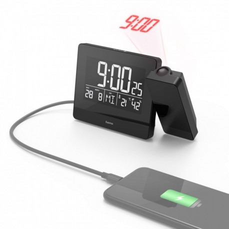 The Hama "Plus Charge" Projection Alarm Clock in black is a multifunctional radio-c