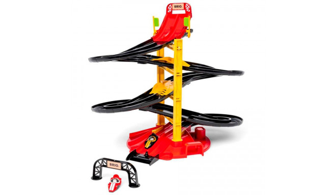 BRIO racetrack tower with two racing cars, toy vehicle