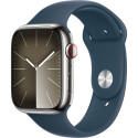 Apple Watch Series 9, Smartwatch (silver/blue, stainless steel, 45 mm, sports strap, cellular)